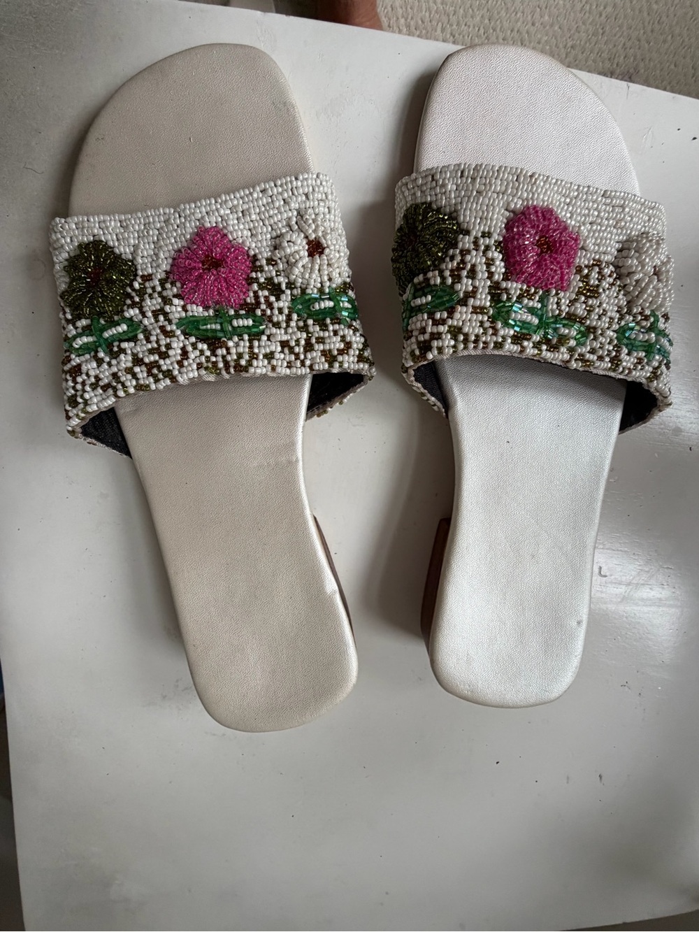 Beaded Floral Slide Mules in White with Pink Accents
